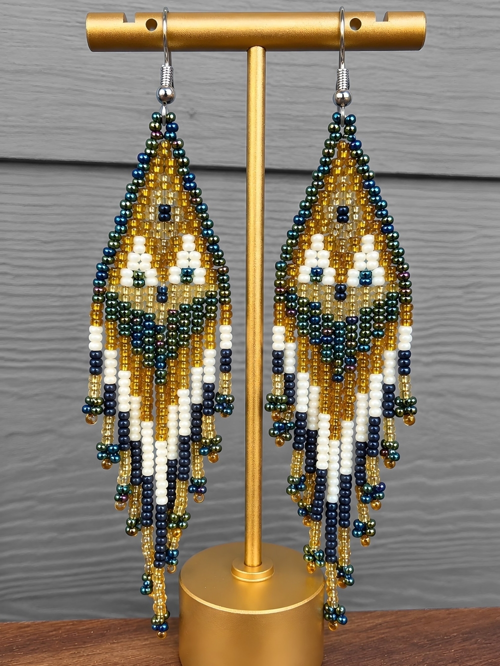 Ivy Iridescent Beaded Fringe Earrings Handmade Geometric Jewelry - Blue